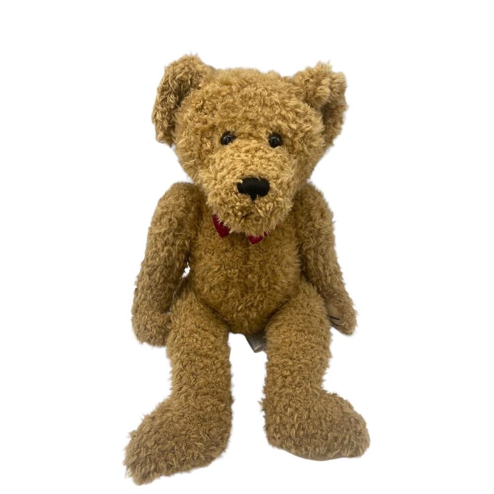Vintage 1990s Tan Shaggy SKM 14" Bear Plush Stuffed Animal Cherish Foot Bowtie
